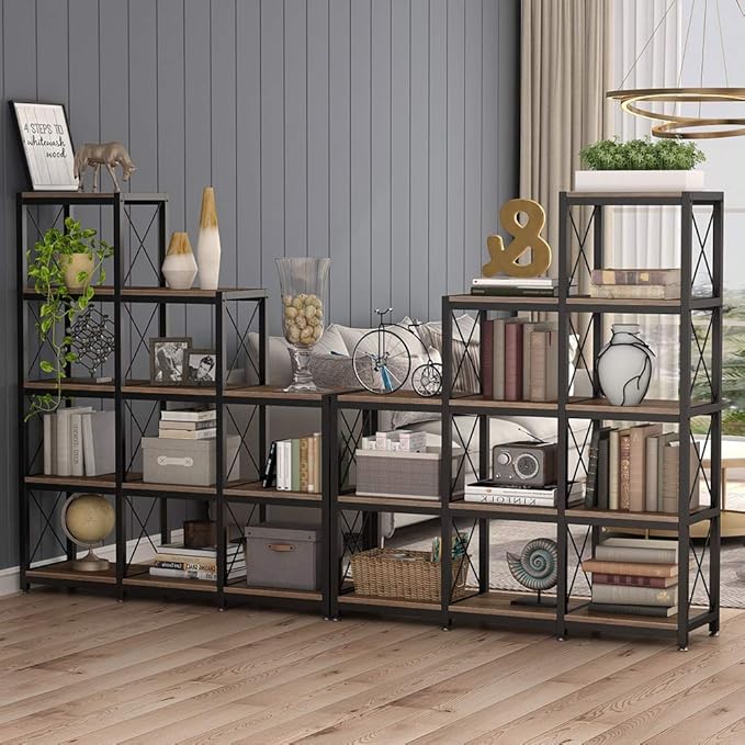 Tribesigns 12 Shelves Bookshelf, Industrial Ladder Corner Bookshelf 9 Cubes Stepped Etagere Bookcase, Rustic 5-Tier Display Shelf Storage Organizer for Home Office (Rustic Brown)-Ruum Studio Home