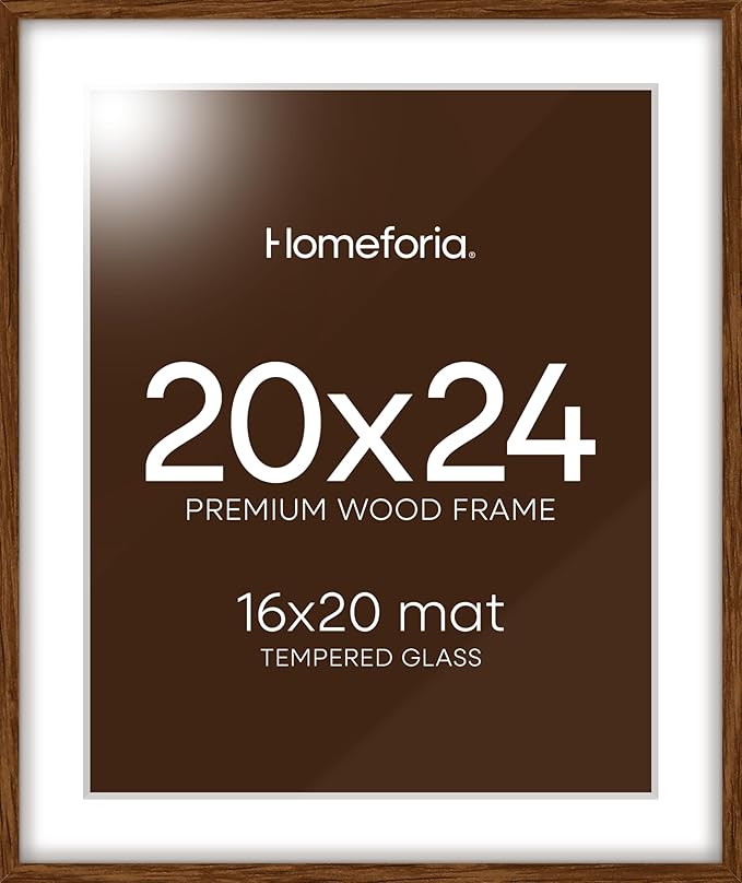 Homeforia 20x24 Picture Frame Brown, High End Dark Oak 20x24 Walnut Wooden Poster Frames with Mat 16x20, 20 x 24 Wood Frame Matted to 16 by 20, 24x20 Hanging Frames, Tempered Glass, Wall Kit, Set of 1-Ruum Studio Home