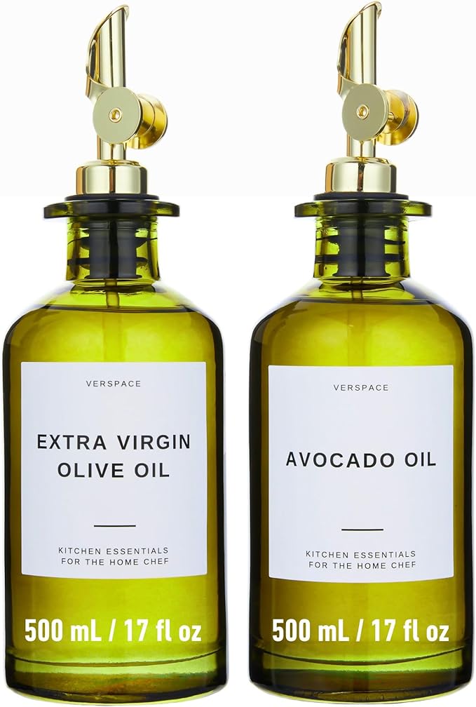 Green Glass Olive Oil Dispenser Bottle For Kitchen By Verpsace,Avocado Oil Dispenser Set, Modern Decor, Gold Kitchen Accessories for Home, Airbnb, Cafe (Gold, Set of 2)-Ruum Studio Home
