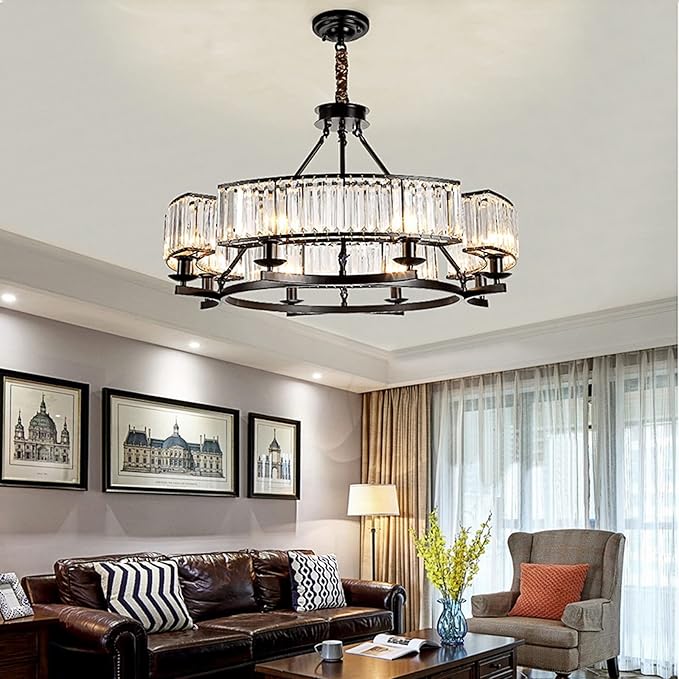 Farmhouse Crytal Chandeliers Dining Room Pendant Light Fixture Black Chandelier with K9 Crystal for Living Room Dining Room Foyer High Ceiling-Ruum Studio Home