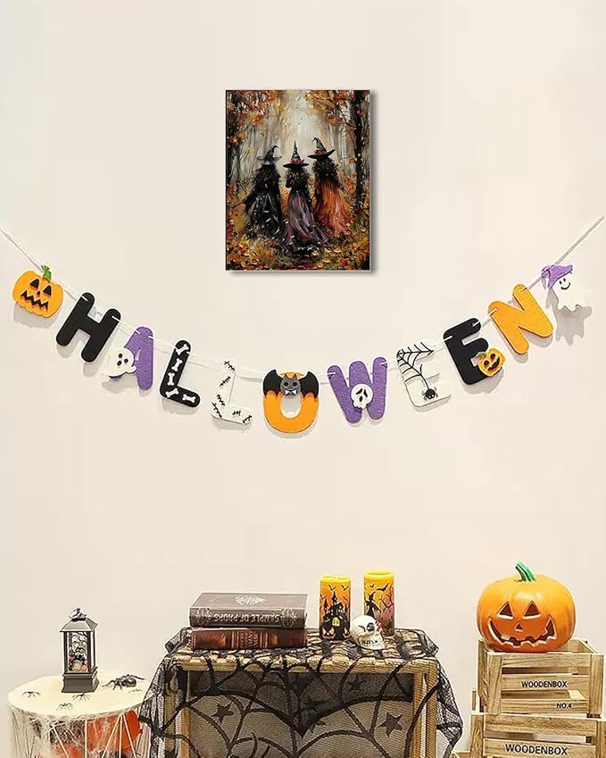 Halloween Canvas Wall Art, Vintage Three Witches Poster, Gothic Dark Academia Wall Decor, Spooky Halloween Decor for Living Room, Bedroom & Bathroom, Framed Fall Decorations Indoor-Ruum Studio Home