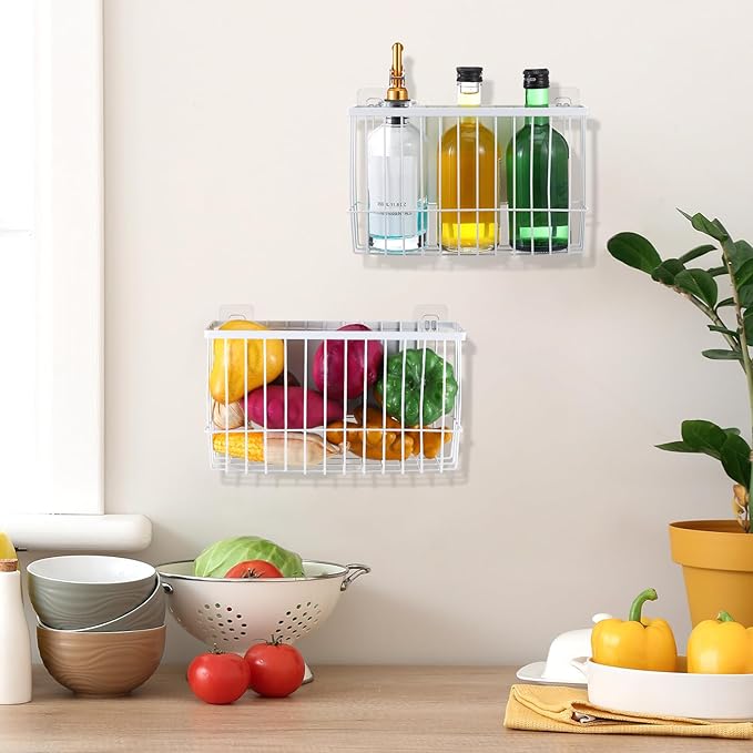 3 Pcs Magnetic or Adhesive Refrigerator Organizer Magnetic Baskets Kitchen Holder for Refrigerator Metal Shelf Rack Storage with 2 Types of Installation(White)-Ruum Studio Home