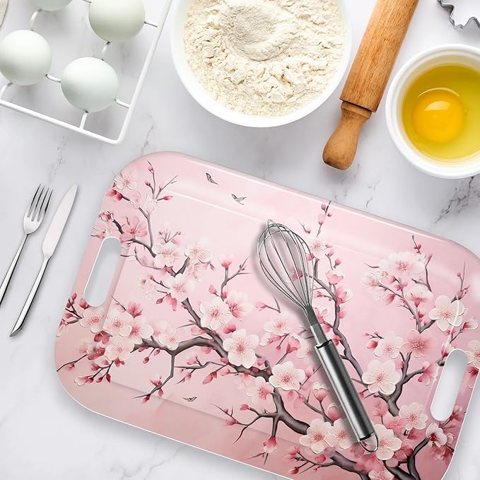 Serving Trays with Handles, 14.5 x 9.8 inch Rectangular Plastic Tray for Restaurant, Kitchen, Pink Cherry Blossom-Ruum Studio Home