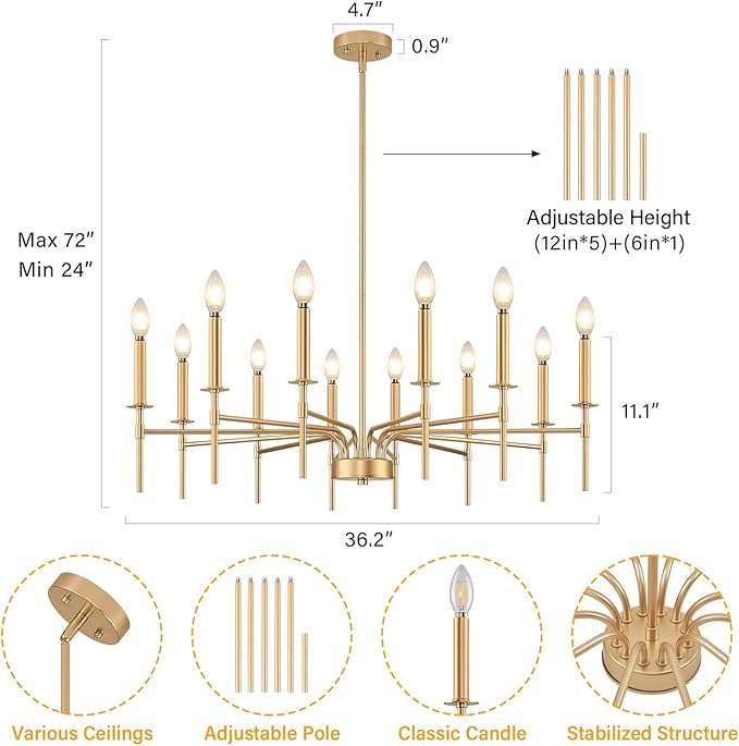 12 Light Gold Chandelier Light Fixture, Modern Farmhouse Chandeliers for Dining Room Light Fixture, Metal Candle Pendant Chandelier for Foyer Entryway Stairs Living Room Bedroom Kitchen-Ruum Studio Home