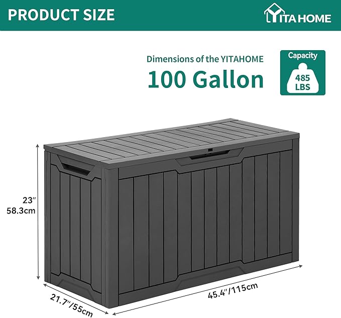 YITAHOME 100 Gallon Outdoor Storage Box, Large Water Resistant Resin Deck Box, Indoor Outdoor Lockable Storage Container for Patio, Garden, Cushions, Tools, Equipment (Dark Gray)-Ruum Studio Home