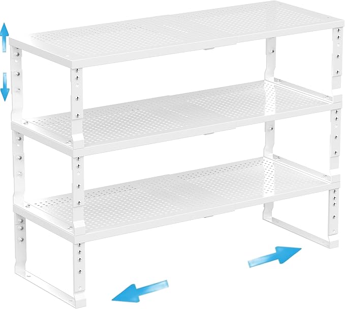 Expandable Spice Rack Kitchen Cabinet Shelf Organizer, Stackable Storage Shelves Racks, Adjustable Counter Shelving for Cabinets, Countertop, Cupboard,Pantry and More(3Packs/White/Large)-Ruum Studio Home