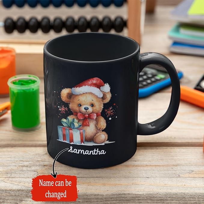 Custom Name Xmas Teddy Bear Cup, Personalized Christmas Teddy Bear Mug, Black Mug With Santa Hat Design - 11oz & 15oz, Gift For Men & Women-Ruum Studio Home