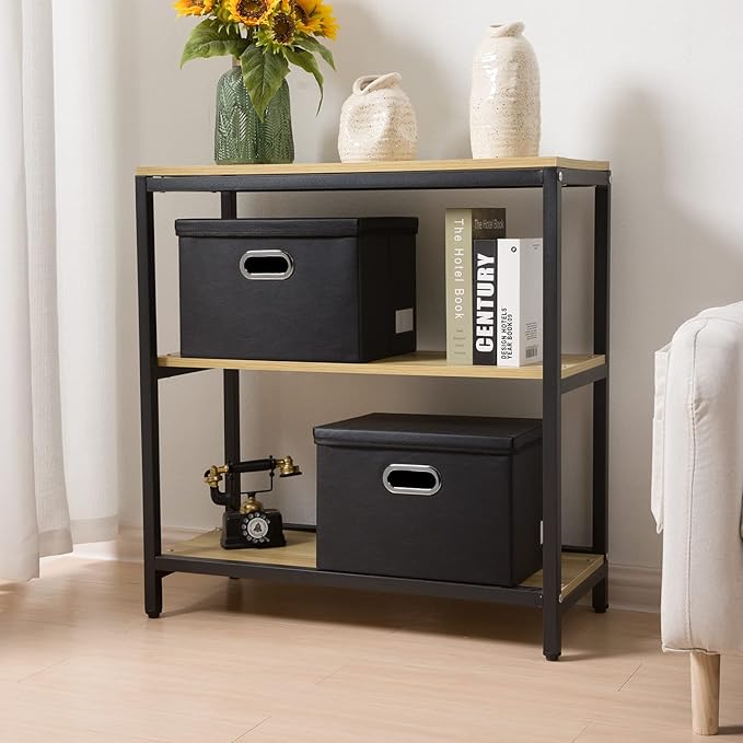 PRANDOM Collapsible Storage Bins with Lids [3-Pack] Leather Fabric Foldable Storage Boxes Organizer Containers Baskets Cube with Cover for Bedroom Closet Office Nursery Black (14.9x10.8x10)-Ruum Studio Home