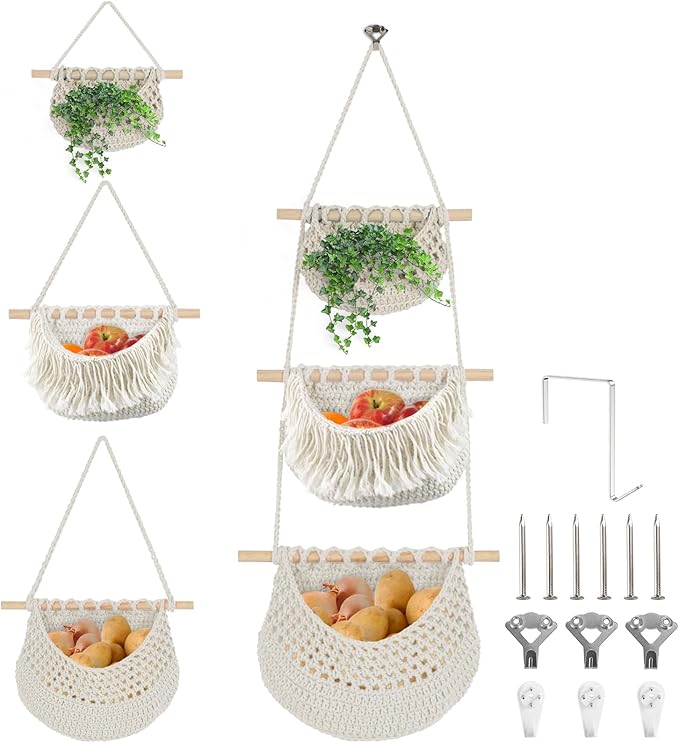 Hanging Baskets for Organizing, 3 Tier Detachable Wall Hanging Fruit Basket Over the Door Organizer for Fruit Vegetable Plant, Beige Boho Cotton Crocheted Fruit Holder for Kitchen Bathroom Bedroom-Ruum Studio Home