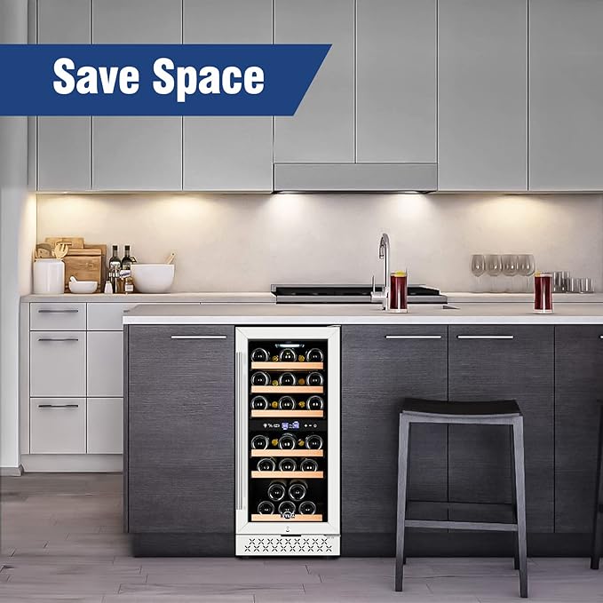 Tylza Mini Fridge 15 Inch Wine Cooler Under Counter, 33 Bottle Dual Zone Wine Fridge with Stainless Steel, Wine Refrigerator Freestanding, Built-in Wine Cellars-Ruum Studio Home