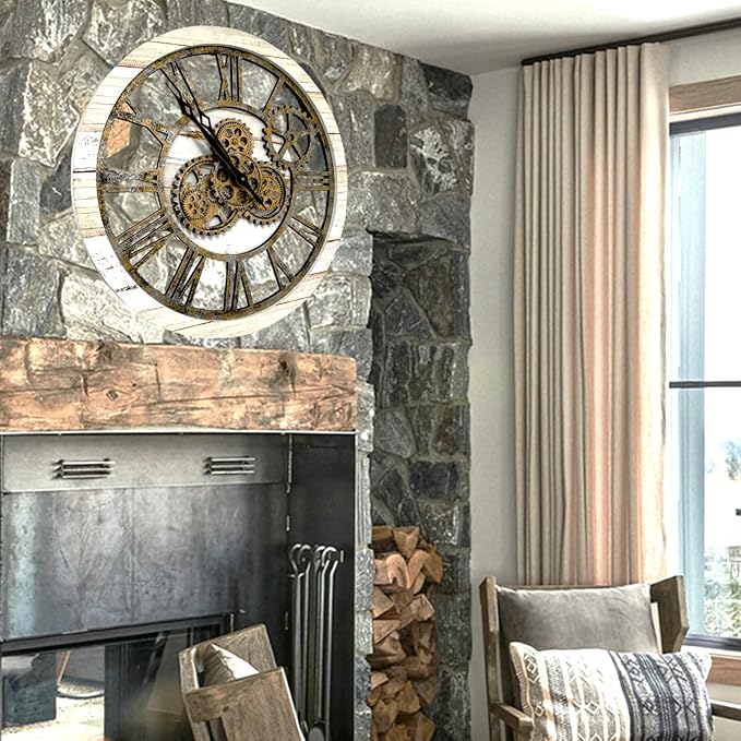 The Gears Clock The Original Real Moving Gear Wall Clock Vintage Industrial Oversized Rustic Farmhouse (24 inch (60cm), Vintage Desert Beige and Bronze)-Ruum Studio Home