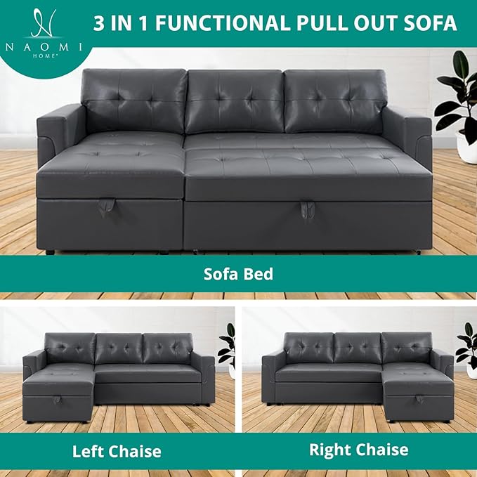 Naomi Home Transform Any Space: Sleeper Sectional Sofa with Convertible Sofa Bed & Inviting Chaise. Find Tranquil Comfort with Stress-Relieving Design & Durable Cushions - Dark Gray/Air Leather-Ruum Studio Home