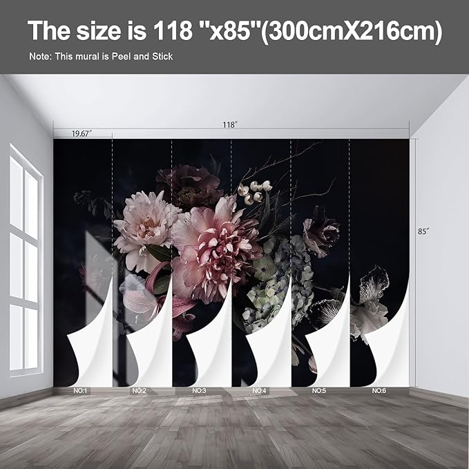 Black Floral Wall murals Peel and Stick Flowers Wallpaper for Bedroom Living Room - 85"x118"-Ruum Studio Home