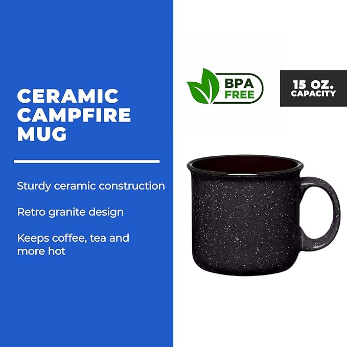 Set of 8 Ceramic Campfire Mugs – 15 Oz, Black – Coffee & Tea Cups for Home, Work, Travel, Camping – Customizable, Great for DIY, Events, Companies-Ruum Studio Home