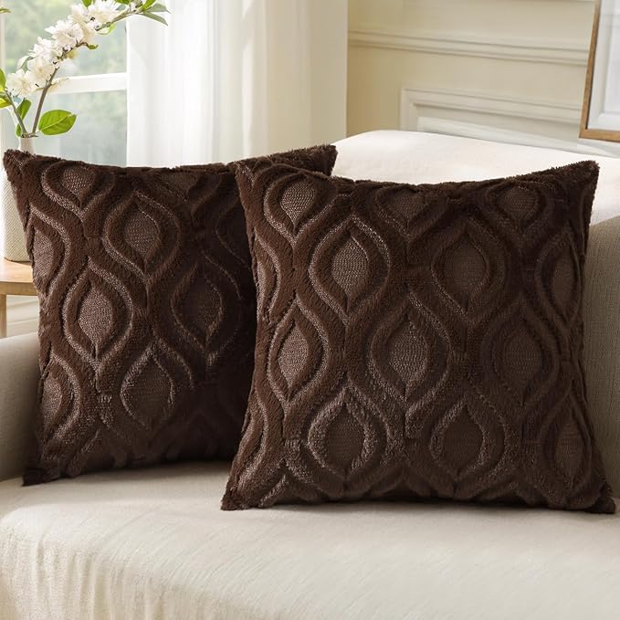decorUhome Throw Pillow Covers 22x22 Inch Set of 2, Soft Plush Decorative Faux Fur Dark Brown Solid Couch Pillow Covers, Accent Farmhouse Neutral Square Euro Pillow Cases for Sofa Bed Living Room-Ruum Studio Home