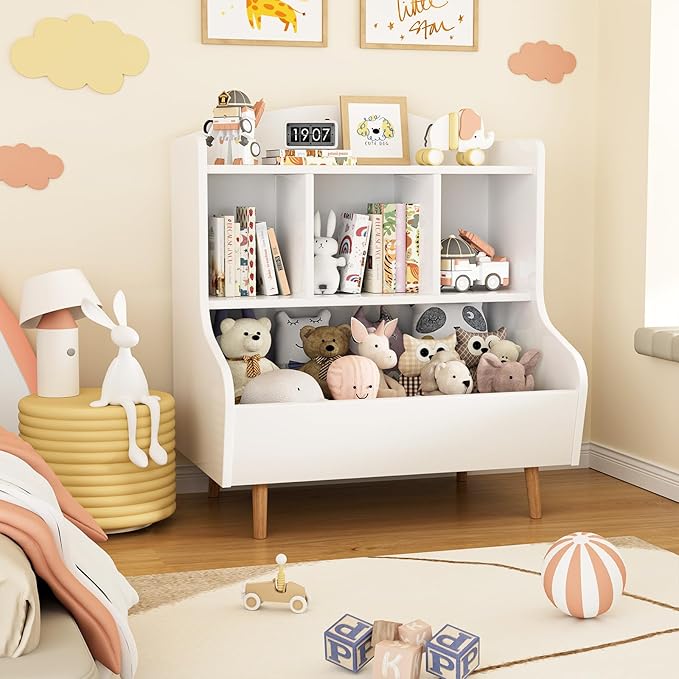 Toy Storage Organizer, 3 Tier Floor Standing Toddler Bookshelf with Legs, 5 Cube Kids Bookshelf and Toy Storage, Book Shelf for Kids Room, Living Room, Nursery, White-Ruum Studio Home