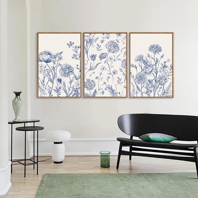 Tinonedraw Large Classic Chinoiserie Flower Framed Canvas Wall Art Set, Navy Blue and White Floral Wall Decor, Minimalist Neutral Botanical Art Printing for Living Room Bedroom Office Dorm 16"x24"x3-Ruum Studio Home