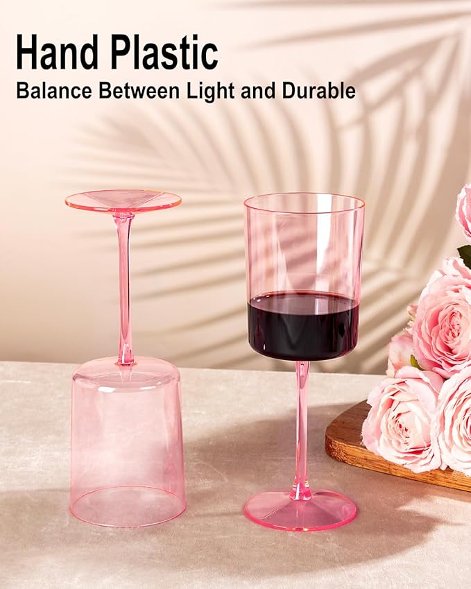 Ciaell 12 Pack Pink Plastic Wine Glasses - 10 Oz Disposable Wine Glasses with Stem for Parties & Weddings & Poolside & Outdoors & Camping-Ruum Studio Home