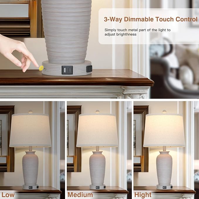 25“ Traditional Table Lamps Set of 2, Bedside Touch Lamp with USB C+A Charging Ports, Rustic Farmhouse Jar Table Lamps for Living Room Bedroom, Side Table Lamp with Beige Fabric Shade, Antique Grey-Ruum Studio Home