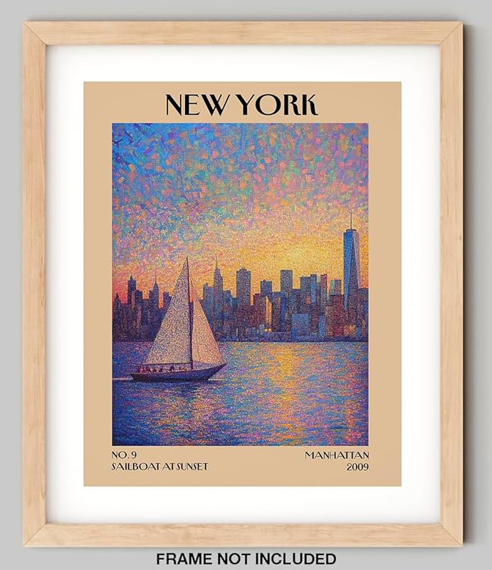 Retro Vintage New York Wall Art Print - 11x14 Unframed Poster - New York City Souvenirs, Cute Trendy Colorful Wall Decor (Sunset Sailboat, 11x14")-Ruum Studio Home