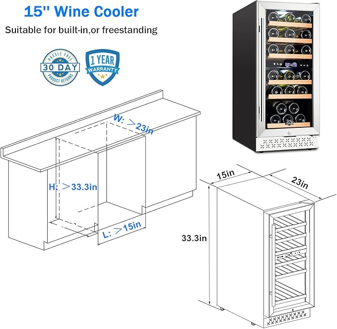 Tylza Mini Fridge 15 Inch Wine Cooler Under Counter, 33 Bottle Dual Zone Wine Fridge with Stainless Steel, Wine Refrigerator Freestanding, Built-in Wine Cellars-Ruum Studio Home