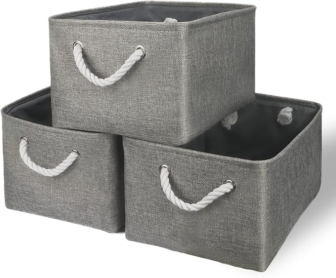 TheWarmHome Storage Bins - Medium 3 Pack Storage Baskets for Organizing Shelves | Fabric Storage Cubes Organizer for Linen Closet Nursery Home Decor Grey-Ruum Studio Home