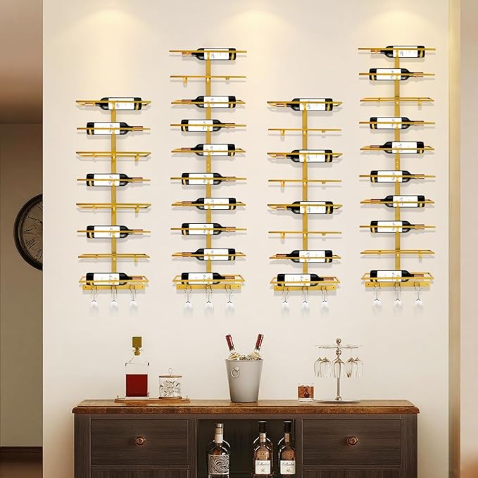 20 Bottle Wall Mount Wine Rack with Wine Glass Holder, Metal Wine Wall Rack, Wall Racks for Wine Bottles Display and Storage, Hanging Bottle Organizer for Living Dining Room Wine Cellar Bar (Gold)-Ruum Studio Home