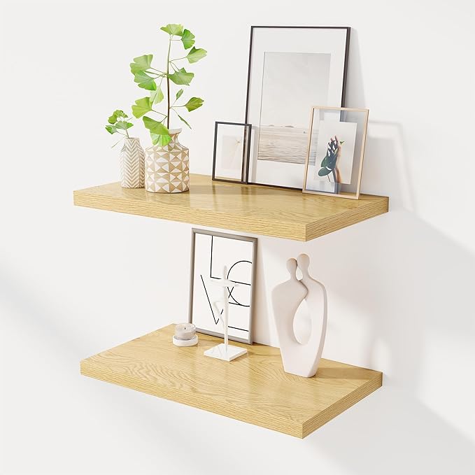 24" Floating Shelves for Wall, 12" Deep Slim Oak Floating Shelves, Wall-Mounted Shelves for Bedroom, Living Room, Kitchen, Bathroom - Set of 2-Ruum Studio Home