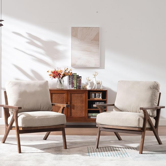 Wahson Set of 2 Mid Century Chair, Upholstered Accent Armchairs, with Wood Frame and Canvas Cushions, Leisure Slipper Chair for Living Room/Bedroom, Beige-Ruum Studio Home