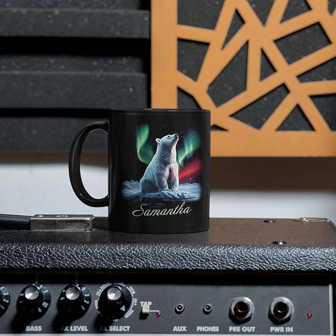 Custom Enchanted Arctic Landscape Design Cup, Customized Name Coffee Mug 11oz 15oz, Personalized Polar Bear And Northern Lights Ceramic Cup, Cute Polar Bear Black Mug, Gift For Her-Ruum Studio Home