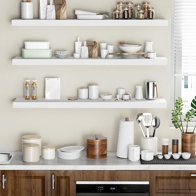 Floating Shelves - 10.3 Inch Deep Wall Shelf for Decor & Storage - Wall Mounted Display Shelving with Invisible Heavy-Duty Metal Bracket - 48" W x 10.3" D x 1.8" H - Set of 1 - Rustic White-Ruum Studio Home