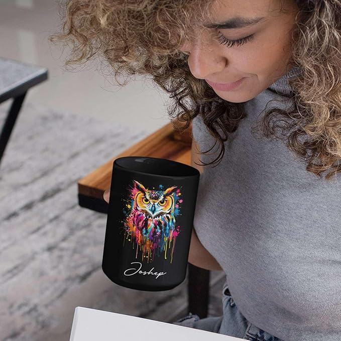 Personalized Name Owl Animal Coffee Mug, Custom Owl Black Cup, Gift For Men Women, Unique Colorful Owl Mug, Animal Cup For Owl Lovers, Customized Owl Ceramic Mug 11oz 15oz, Owl Cup-Ruum Studio Home