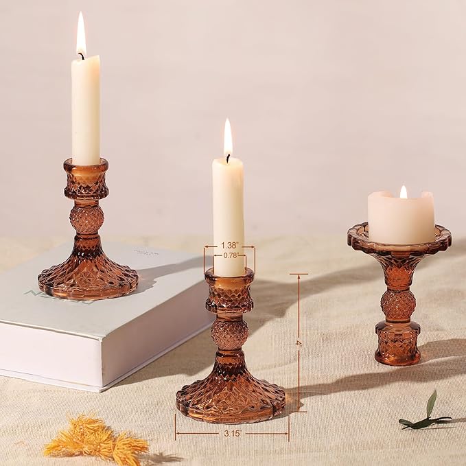 12Pcs Amber Candlestick Holders Set- 4" H Taper Candle Holders Bulk, Glass Candle Holders for Wedding, Party, Fall Dinner Table Centerpieces, Festival Gifts & Windowsill Decor-Ruum Studio Home