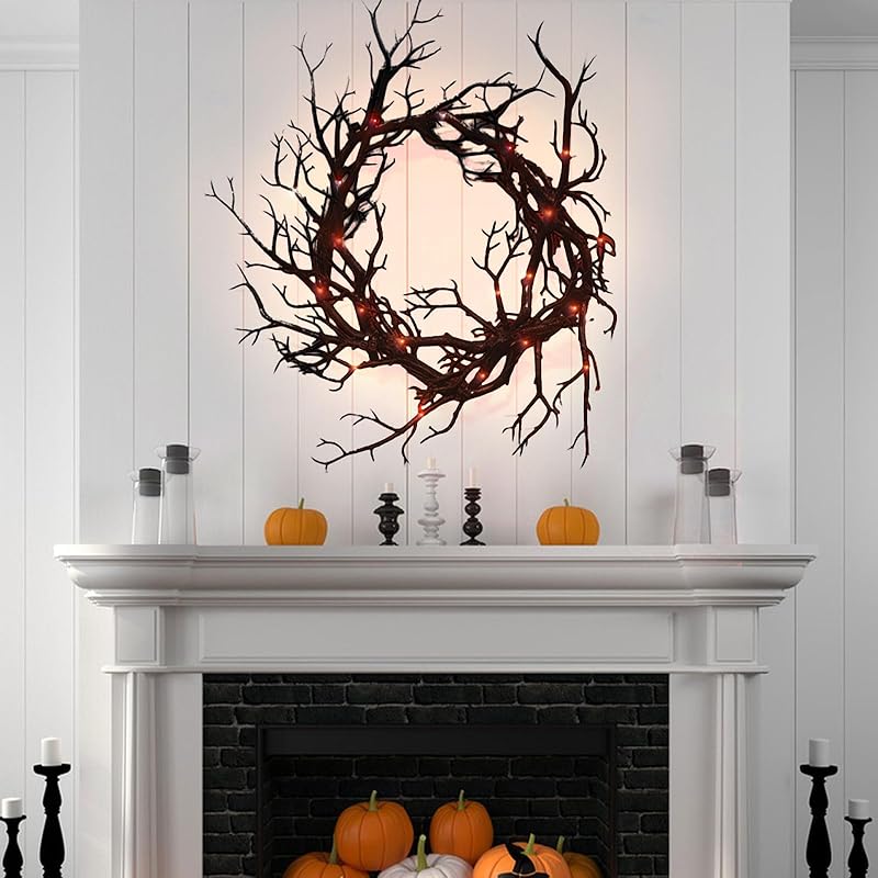 Halloween Black Branch Wreath Signs for Front Door with Red Lights,Handcrafted Halloween Horror Wreath for Indoor Outdoor Party Window Wall Decor Farmhouse Garland Yard-Ruum Studio Home