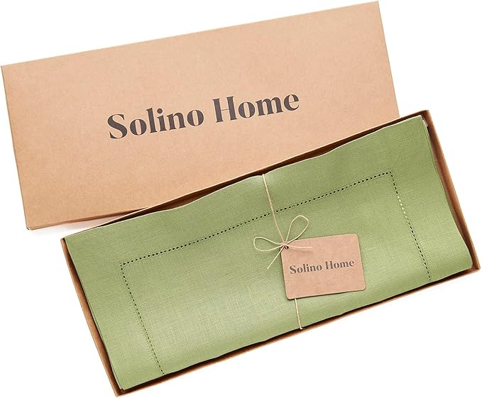 Solino Home Linen Moss Green Hemstitch Table Runner 60 Inches - 100% Pure Linen Small Table Runner 14 x 60 Inch Ideal for Dresser and Coffee Tables - Classic Hemstitch - Fall, Halloween, Thanksgiving-Ruum Studio Home
