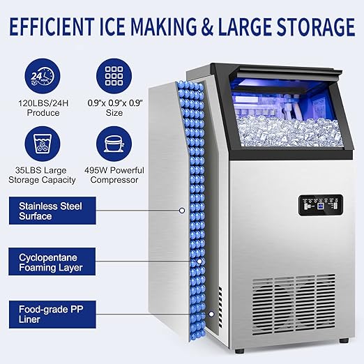 Commercial Ice Maker Machine 120Lbs/24H with 35Lbs Ice Capacity, 45Pcs Clear Ice Cubes Ready in 11-20Mins, Stainless Steel Under Counter Freestanding Large Ice Machine, 2 Water Inlet Modes-Ruum Studio Home