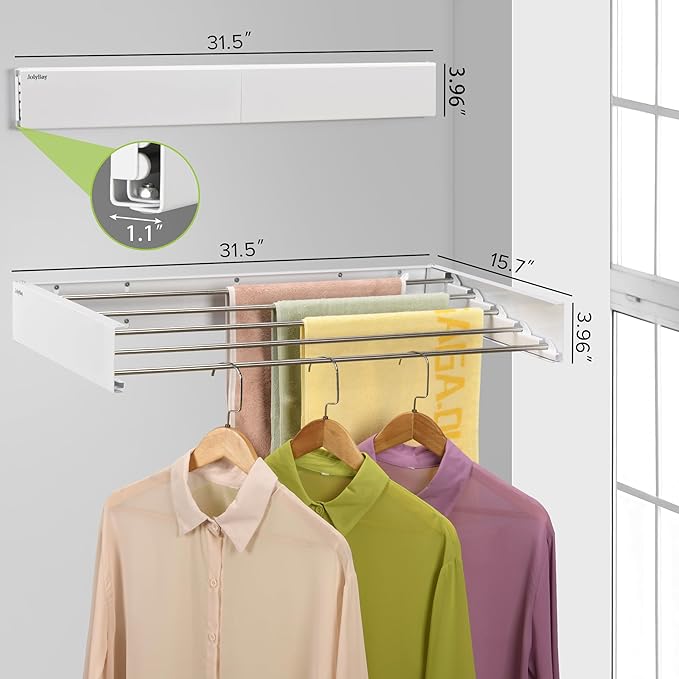 Wall Mounted Laundry Drying Rack, Retractable Clothes Drying Rack for Bathroom with Wall Template, 5 Stainless Rods Heaving 60 lb Capacity (White, 31.5")-Ruum Studio Home