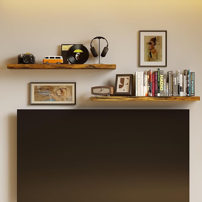 BAMEOS Floating Shelves,40 in W x 7in D Wall Mounted Wooden Shelves with Invisible Brackets Set of 2, Hanging Wall Shelves Decoration for Bedroom, Bathroom, Living Room and Kitchen,Rustic Brown-Ruum Studio Home