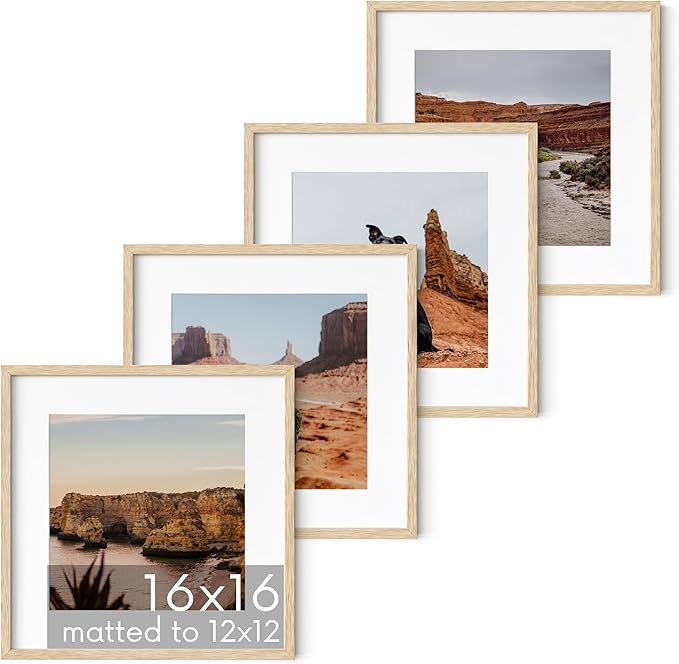 HAUS AND HUES Solid Oak Wood 16”x16” Picture Frames Matted to 12”x12” Set of 4-16x16 Frames for Wall, Square Frames with Mat, Beige Square Matted Picture Frames 16x16 (Beige Oak Frames)-Ruum Studio Home