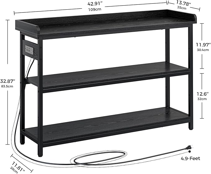 IRONCK Console Table, Sofa Table with Power Outlet, Farmhouse Hallway Table for Entryway, Living Room, Height Adjustable, Easy Assembly, Vintage Black, 43"-Ruum Studio Home