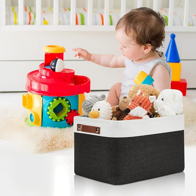 DULLEMELO Canvas Storage Bin with Handles, Fabric Bins for Shelves, Bedroom, Office,Nursery,Fabric Storage Baskets for Toys, Clothes,Gift(3-Pack Medium-15 inch X 11 inch X 9.5 inch , White&Black)-Ruum Studio Home