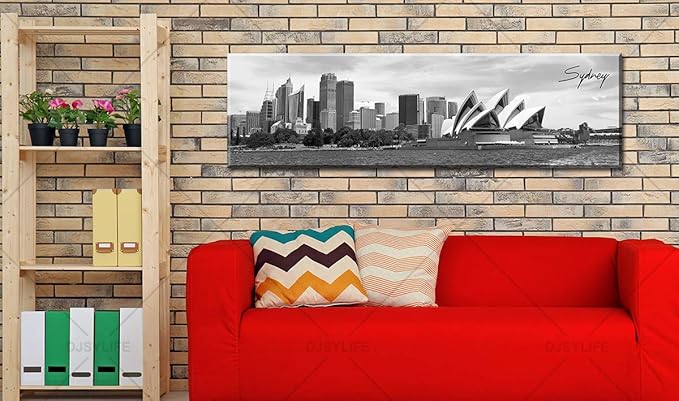 DJSYLIFE Sydney Skyline Wall Art Decor Canvas Print Black and White City Building Landscape Poster Australia Cityscape Modern Artwork Painting for Bedroom Office Home Decoration - 13.8" x 47.3"-Ruum Studio Home
