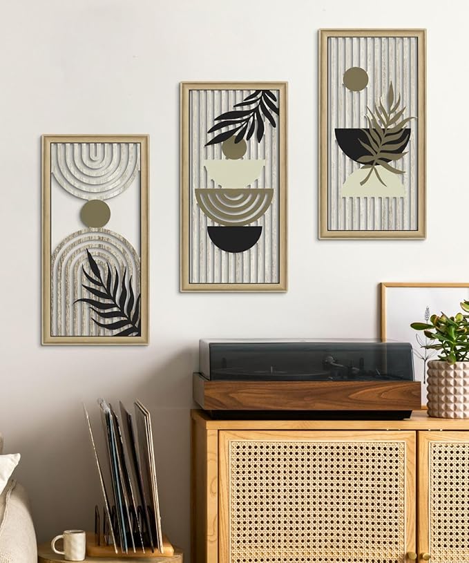 Putuo Decor Boho Abstract Wall Art, Set of 3, Modern Geometric Botanical Wooden Wall Decor, Mid-Century Minimalist Framed Artwork, Neutral Toned Aesthetic Prints, for Living Room, Bedroom, Office-Ruum Studio Home