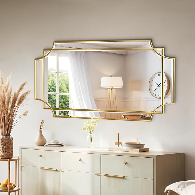 Wall Mirror Full Length, 47" x 24" Gold Framed Full Body Mirror, Scalloped Beveled Polished Decorative Mirrors, Large Rectangle Irregular Wall Mirror for Bathroom/Bedroom/Living Room/Entryway-Ruum Studio Home