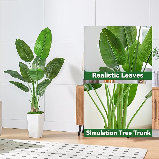 Fake Bird of Paradise Silk Artificial Plant Faux Banana Leaf Tree for Home Decor Indoor Floor Plant with 10 Trunks (1, Black Planter, 6 FT)-Ruum Studio Home