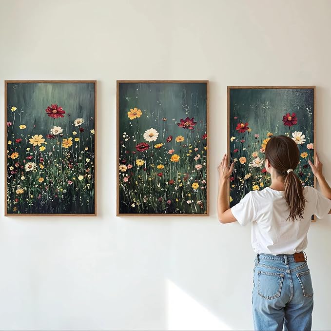 SIGNINART Vintage Floral Framed Canvas Wall Art, Dark Moody Wildflowers Wall Decor, Boho Abstract Flowers Artwork, Colorful Botanical Aestheticrt Art Paintings for Bedroom Living Room Office 16"x24"x3-Ruum Studio Home