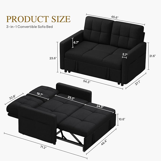YITAHOME 55" Convertible Sofa Bed, 3-in-1 Sleeper Sofa with Iron Frame Pull-Out Bed, Linen Futon Couch with Reclining Backrest and Side Pocket, Modern Loveseat for Living Room Bedroom Apartment, Black-Ruum Studio Home