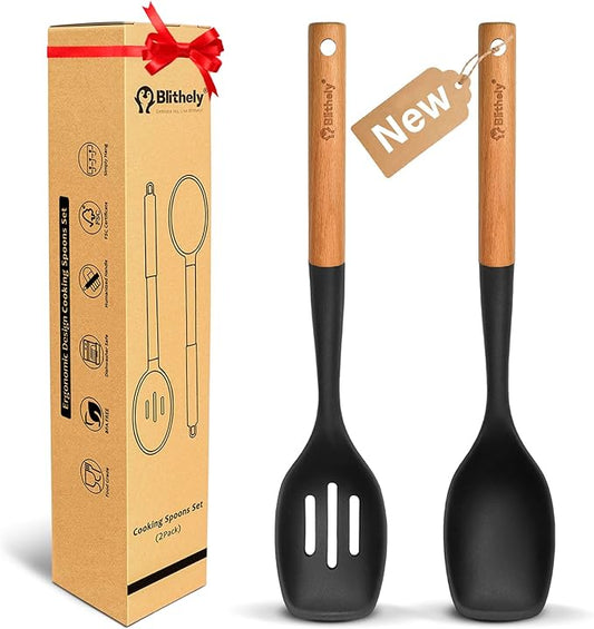 Large Silicone Cooking Spoon Set, 2 Pack Solid Slotted Spoon with Wooden Handle, Nonstick Silicone Kitchen Spoons for Cooking, Heat Resistan Spatula Set for Serving, Basting, Mixing (Black)-Ruum Studio Home