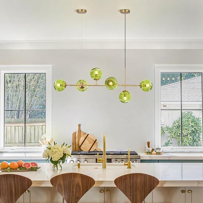 KCO Lighting 6 Green Glass Pendant Lights Kitchen Island Mid Century Modern Globe Sputnik Chandelier Brushed Gold Linear Island Light Fixture for Dining Room-Ruum Studio Home