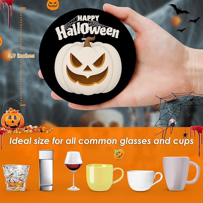 Coaster for Drinks Set of 6, Happy Halloween Pumpkin Spider Web Black Absorbent Round Ceramic Stone Mat, with Cork Base and Metal Holder, Gift for Housewarming Room Bar Decor-Ruum Studio Home